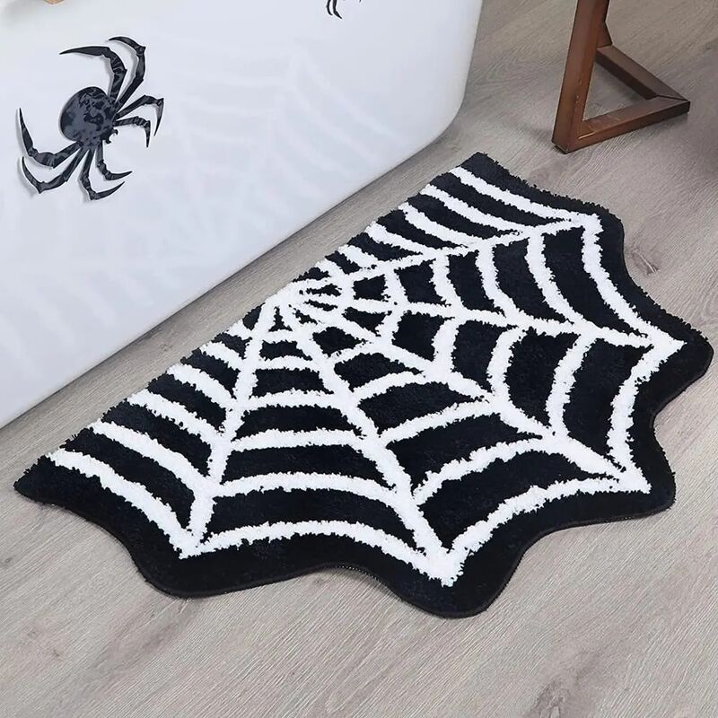 Halloween Spider Web Bath Mat Non Slip Pumpkins Rugs Gothic Bats Coffins Carpet White Half Round Bath Mat Bathroom