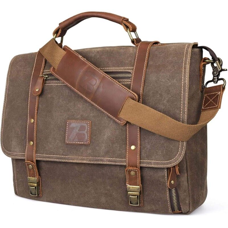 bag for Mens 15.6 Inch,Waxed Canvas Leather Computer Business Satchel Work Bag (Brown)