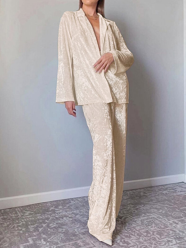 Hiloc-Conjunto de Pijama de terciopelo para mujer, ropa de dormir de manga larga con solapa, pantalones de punto, traje de un solo pecho para el hogar
