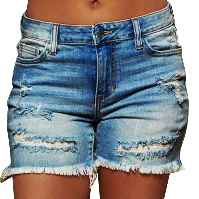 Celana pendek Denim sobek biru dengan saku rumbai wanita 2023 pakaian jalanan pinggang tinggi kancing celana jeans lubang seksi populer musim panas
