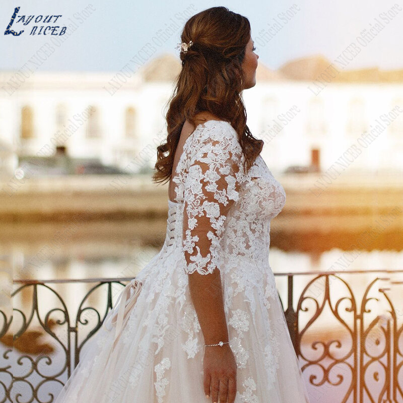 เลย์เอาต์กระโปรงสตรีไซส์พิเศษแต่งงานแบบคลาสสิกลูกไม้ขึ้นชุดเจ้าสาวเปิดหลังผ่าครึ่งแขนเสื้อ Vestidos de Noiva 2024