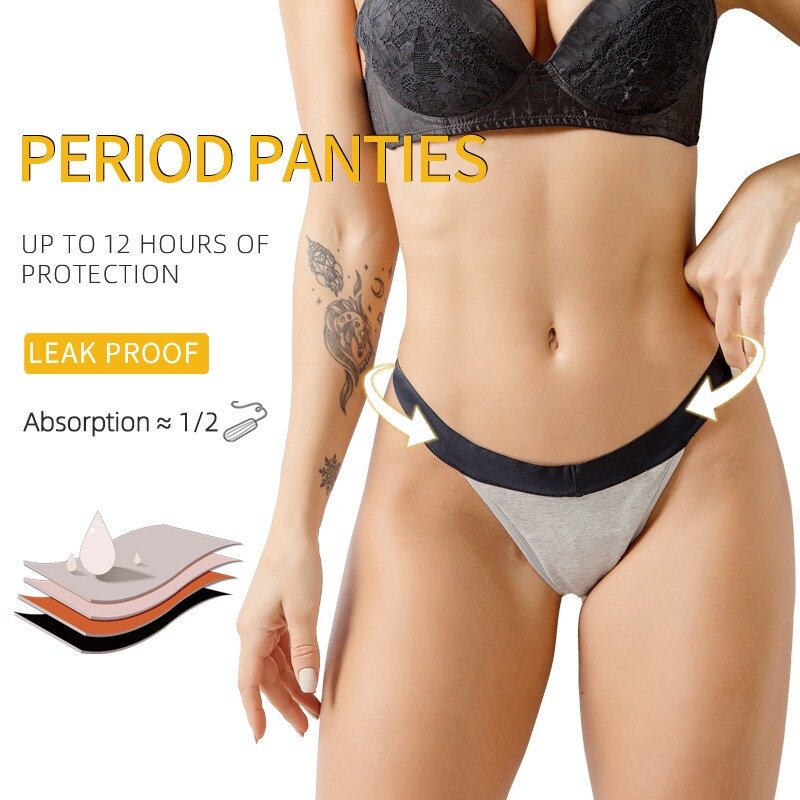 Tanga menstrual de alto estiramento feminino, calça de período à prova de vazamento de quatro camadas, opcional
