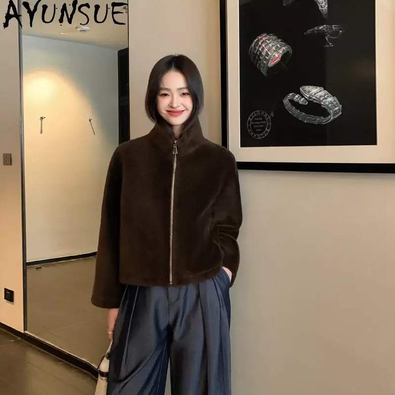 AYUNSUE-chaquetas De lana para Mujer, abrigo corto con cuello De pie, para otoño e invierno, 100%