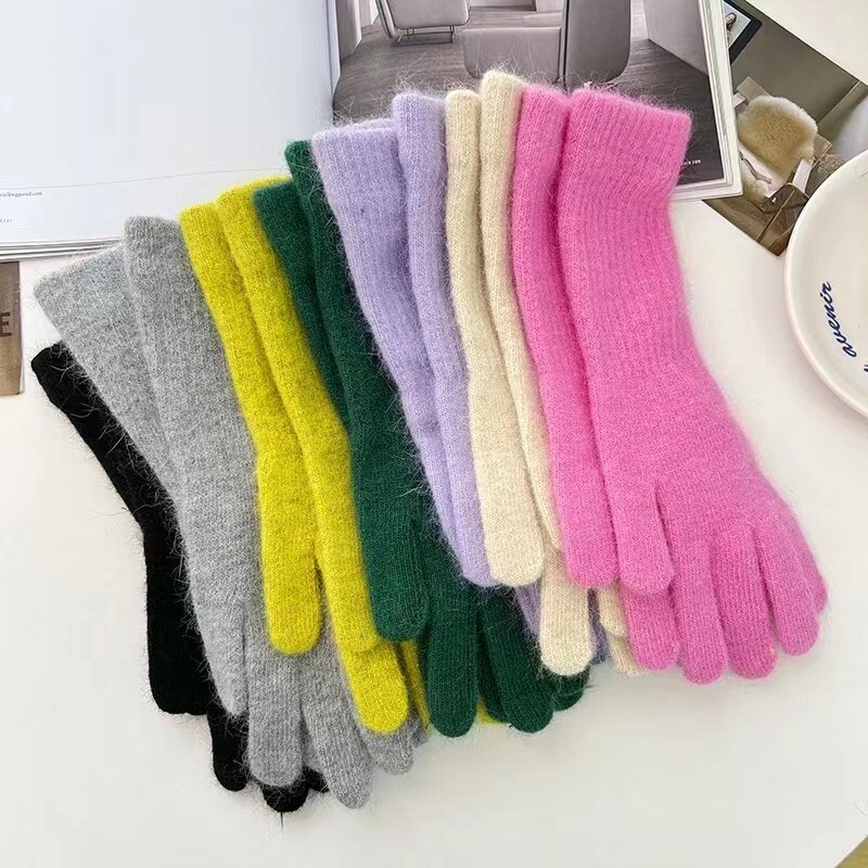 2022 kobiece elastyczne pełne rękawiczki z palcami długie królicze rękawiczki wełniane damskie zimowe rękawiczki jednokolorowe rękawiczki zagęścić ciepłe rękawiczki