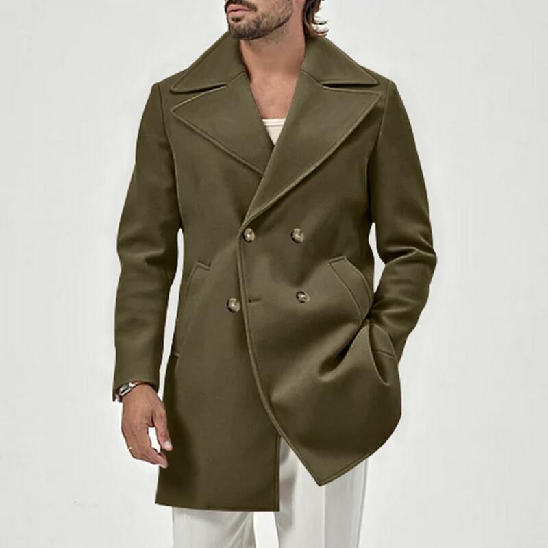 Двубортное пальто с карманами, Стильное мужское двубортное зимнее пальто, плотное теплое модное пальто средней длины с отложным воротником