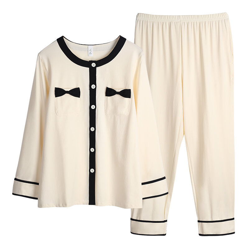 Bow full cotton pajama sets for women spring long sleeve pajamas o-neck cardigan pyjamas female homewear pijamas de mujer