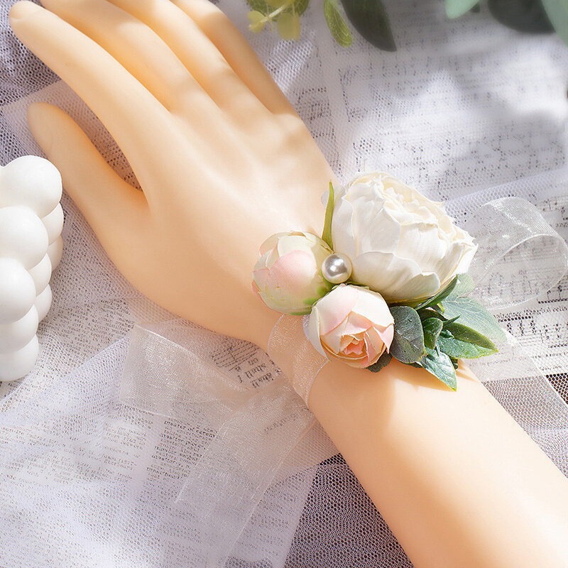 Ramillete de muñeca para dama de honor, pulsera de peonía de seda Artificial hecha a mano, flores de cinta para decoración de fiesta de boda