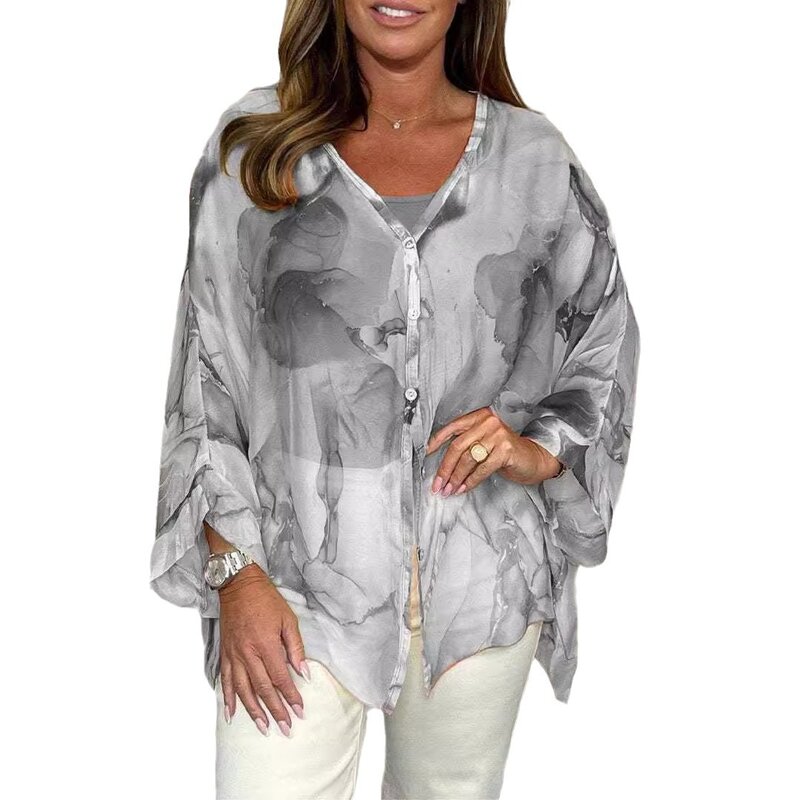 Женская шифоновая блузка с принтом, Повседневная тонкая однобортная рубашка с V-образным вырезом и рукавами-колокольчиками, одежда для отпуска, лето-осень 2024