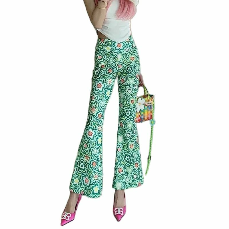 Celana Bell Bottoms wanita, bawahan tipis es sutra pinggang tinggi ramping warna-warni kasual bunga untuk Musim Panas 2024