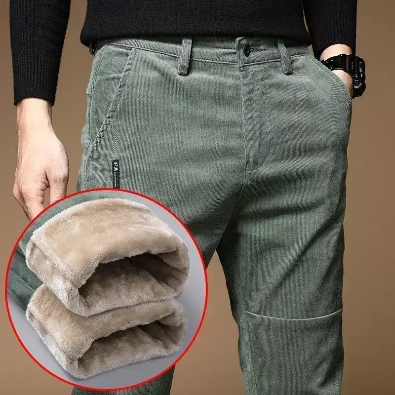 Celana panjang korduroi untuk pria, celana panjang kasual bulu hangat bisnis modis ramping melar, celana panjang pria hijau bulu hangat musim dingin baru 2023