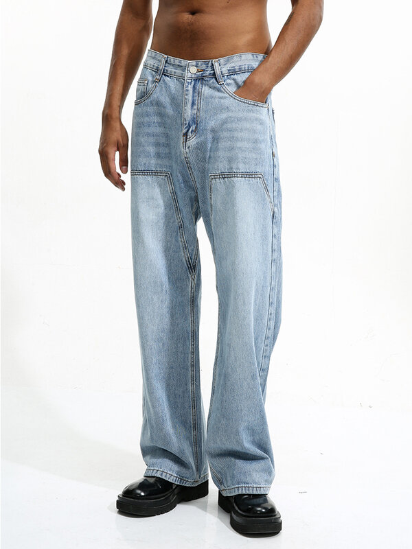 جينز رجالي فضفاض عالي الخصر ، بنطلون جينز ، خياطة ، تصميم أصلي ، موضة شارع كورية ، جديد ، Y2K ،