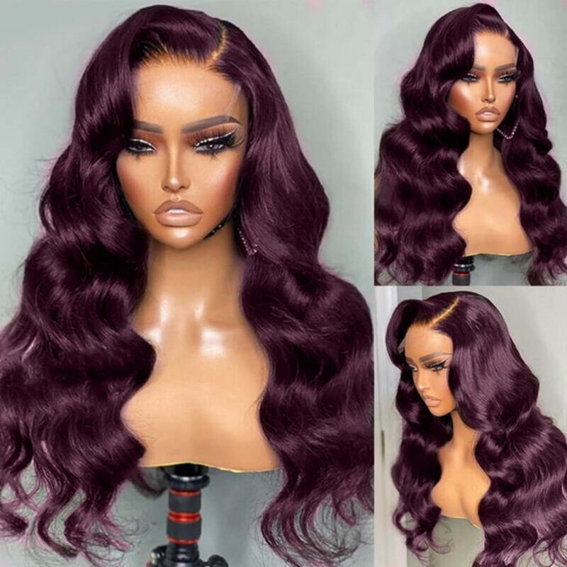 Dark Purple Body Wave Lace Front Wigs Synthetic Lace T Part Glueless Wig Pre Plucked Hairline Wig With Baby Hair 180% Density
