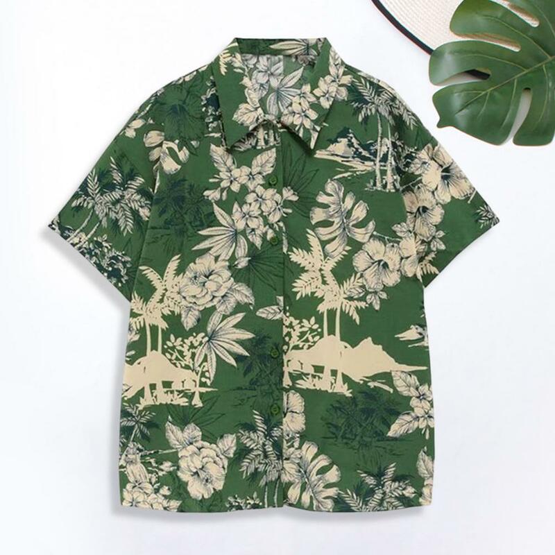 Camisa havaiana estampada de manga curta masculina, estampa de coco, camisa fina para praia, folhas retrô, casual, verão