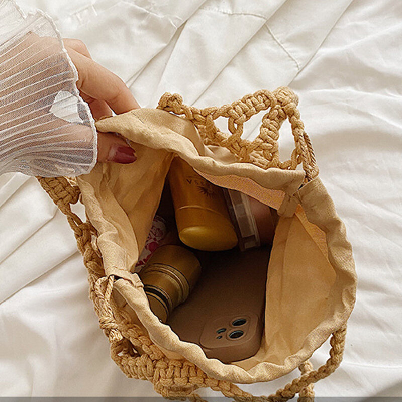 Female Small Underarm Shoulder Bag Bohemian Casual Travel Knitted Bucket Handbag For Women Drawstring Shopper Totes Beach Bag