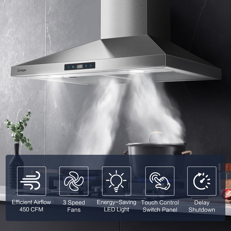 Tieasy 30 inch 450 CFM Wall Mount Touch Control Permanent Filters Led Lights 55dB Stainless Steel Range Hood USYS0375A