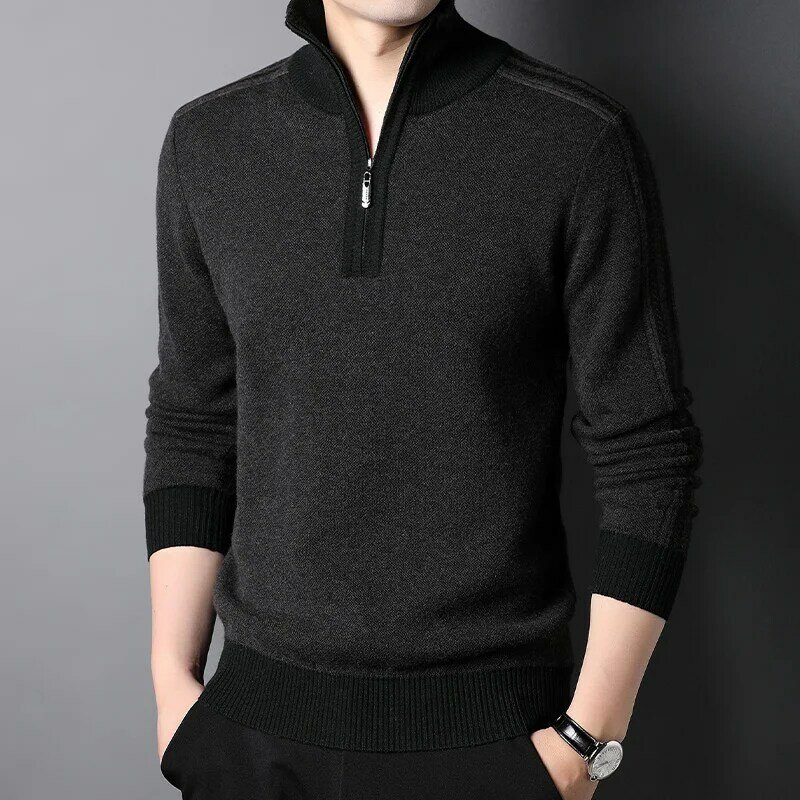 Cashmere Sweater Men's Winter Zipped Stand Collar 100% Wool Extra Thick Pullover Loose Casual Knitted Bottoming Sweater