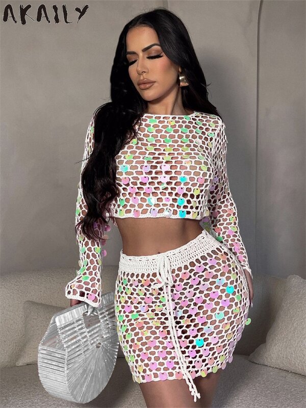 Akaily Summer Pink Sequins Crochet 2 Two Piece Sets Beach Outfits Women 2024 Sexy See Through Fishnet Crop Top Skirt Sets