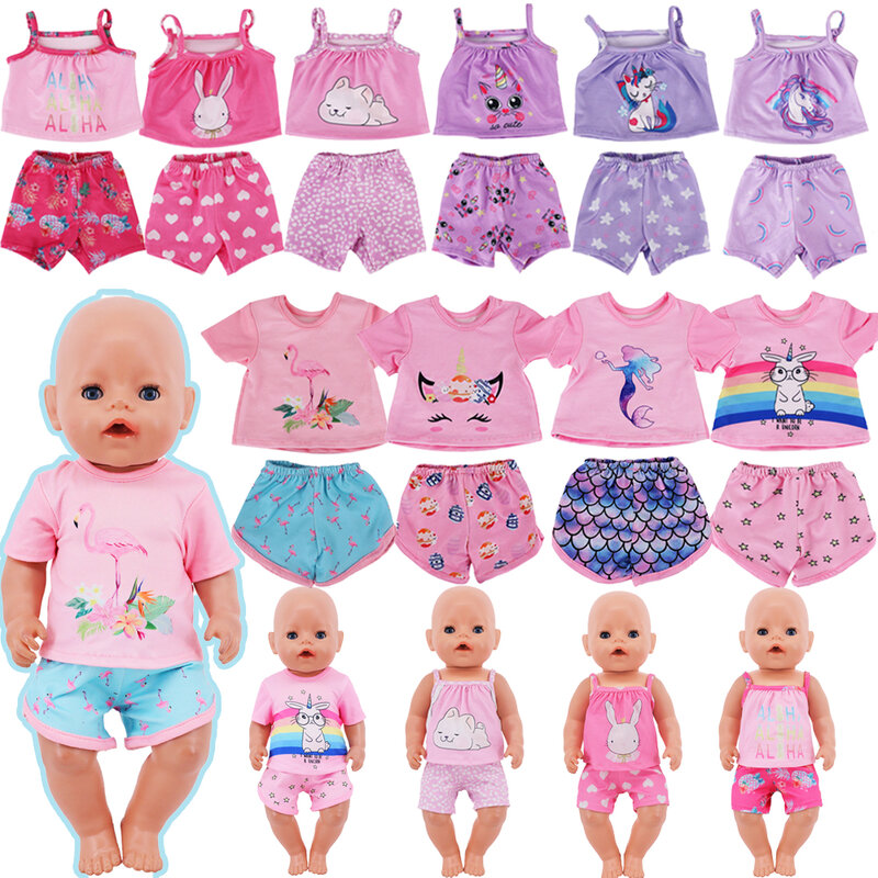 2 buah/set kaus musim panas + celana pendek pakaian kasual untuk 18 inci hadiah boneka anak perempuan 43 Cm pakaian boneka bayi terlahir kembali Aksesori Barang Mainan