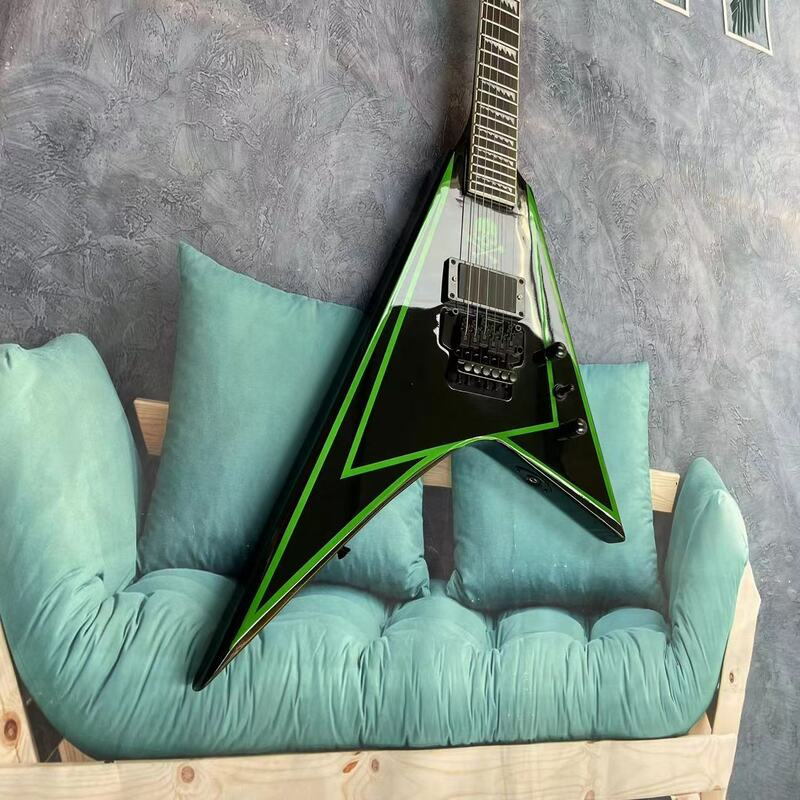 6-string electric guitar, black body with green stripes, rose wood fingerboard, maple track, real factory pictures, can be shipp