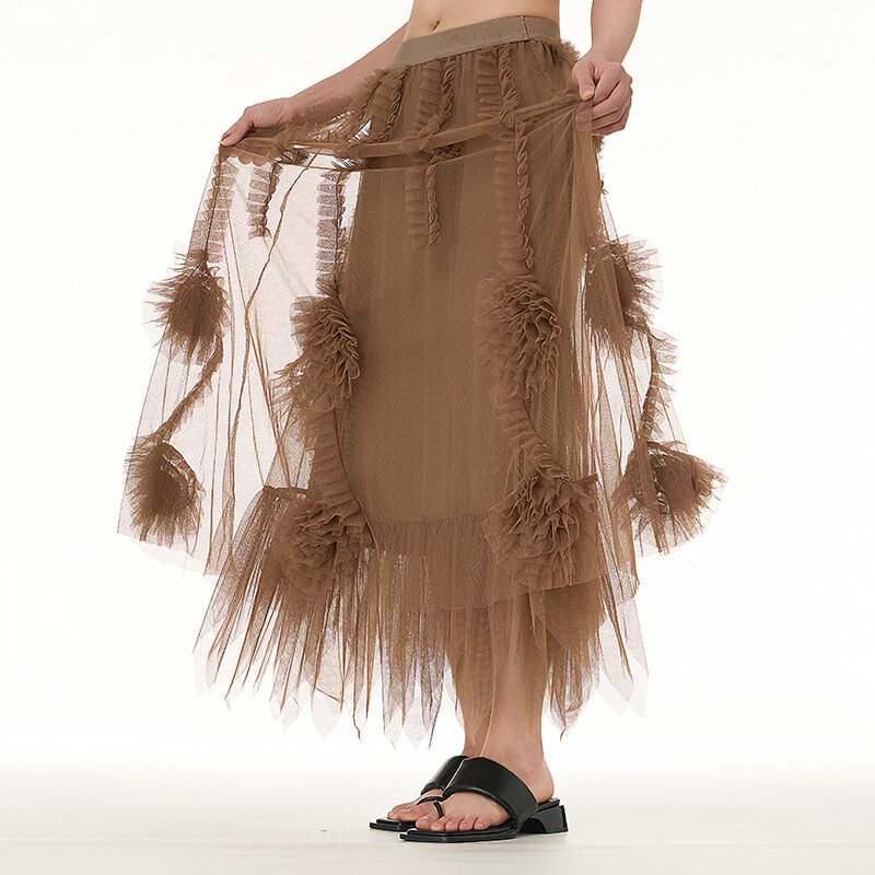 Falda de malla con cintura elástica para mujer, dobladillo grande y esponjoso, ropa de moda para fiesta de noche, novedad de verano 2024
