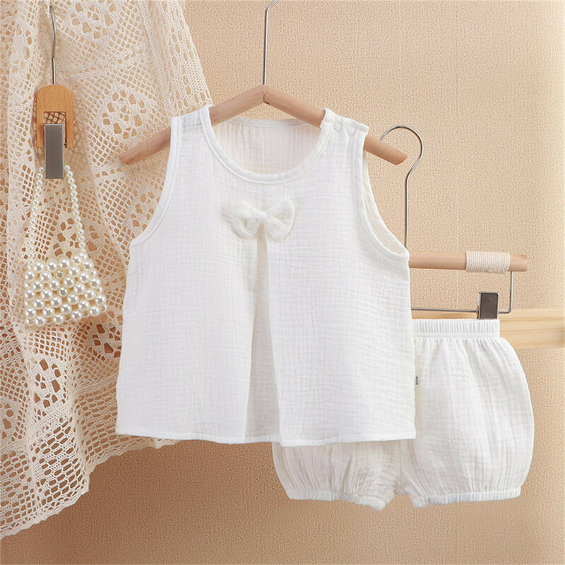 Комплект одежды для маленьких девочек, летняя хлопковая муслиновая рубашка без рукавов + шорты, модный топ + шорты, комплект из 2 предметов