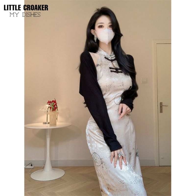 Nuovo Qipao Retro stile cinese sorella reale stampa avanzata migliorata Cheongsam Slim Fit Wrap Hip Sexy Hanging Neck Dress Summer
