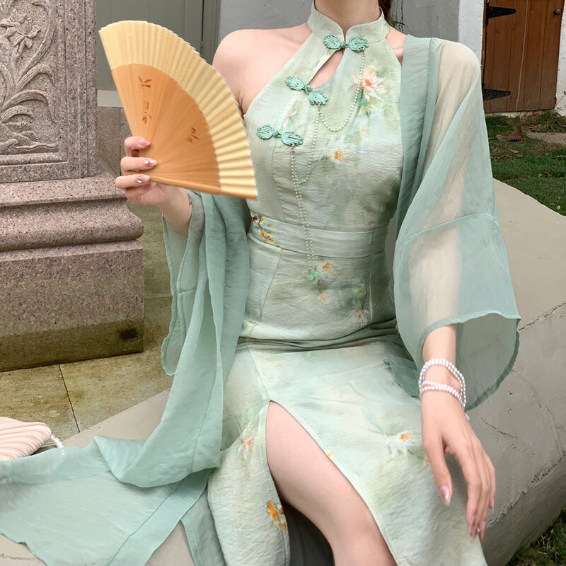 Musim panas wanita tanpa lengan seksi terpisah Qipao elegan cetak bunga gaun Cina tradisional Retro pakaian Oriental Cheongsam