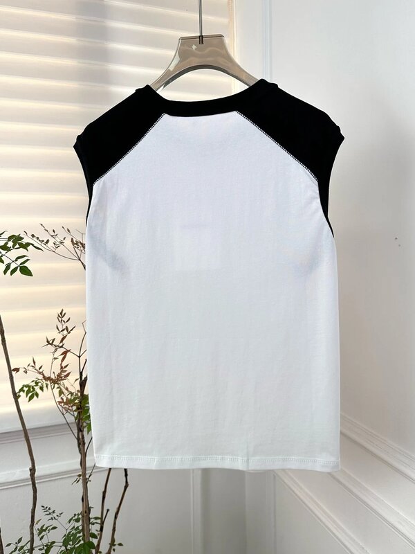 Embossed Letters Black and White Color Blocking Round Neck T-Shirt Casual Slim Sleeveless Vest Women's Top