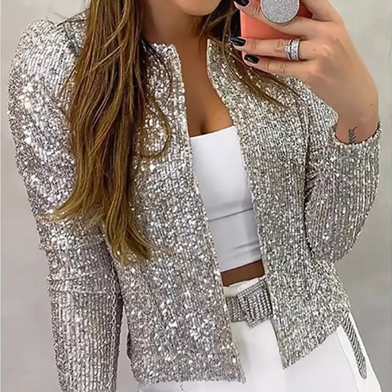 Hot Sale Woman Sequins Outerwear Thin Female Casaco Feminino Basic Coat Outfits Casual Slim Jackets Clothing for Dance Party NEW