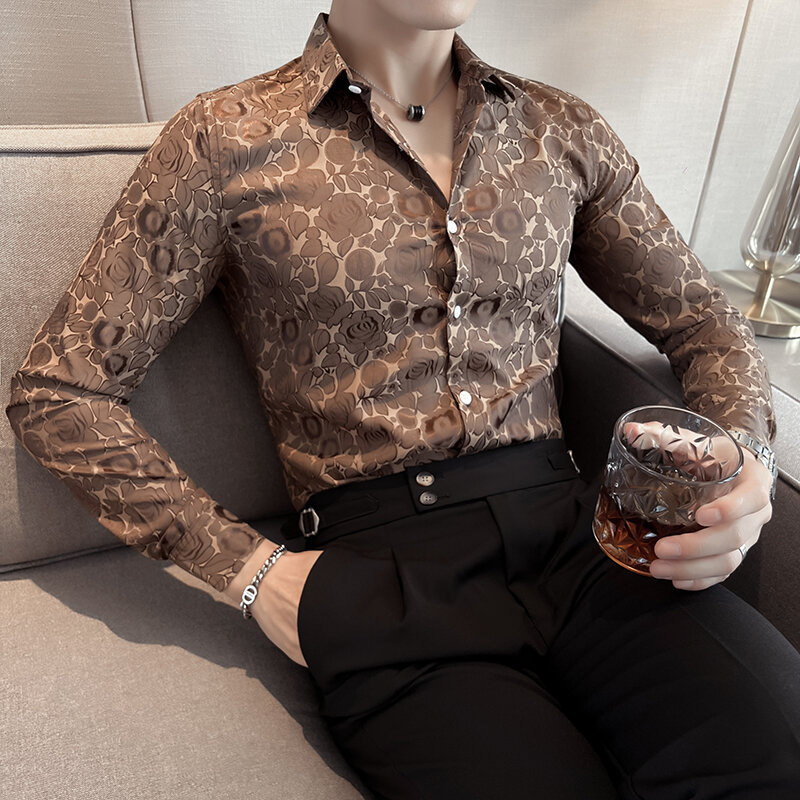 Langarm-Blumen hemden für Männer Frühling koreanische Luxus kleidung 4xl Slim Fit lässig Abschluss ball Smoking Kleid Herren Social Shirt