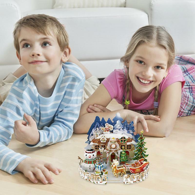 Puzzle 3D Natal, teka-teki tema desa Natal, tema adegan salju putih, hadiah dekorasi puzzle 3D kota kecil Natal