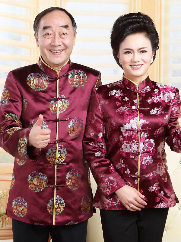 Vêtements Tang à col mandarin, veste boutonnée vintage, chemise de style chinois, haut à manches longues en satin jacquard, vêtements d'anniversaire