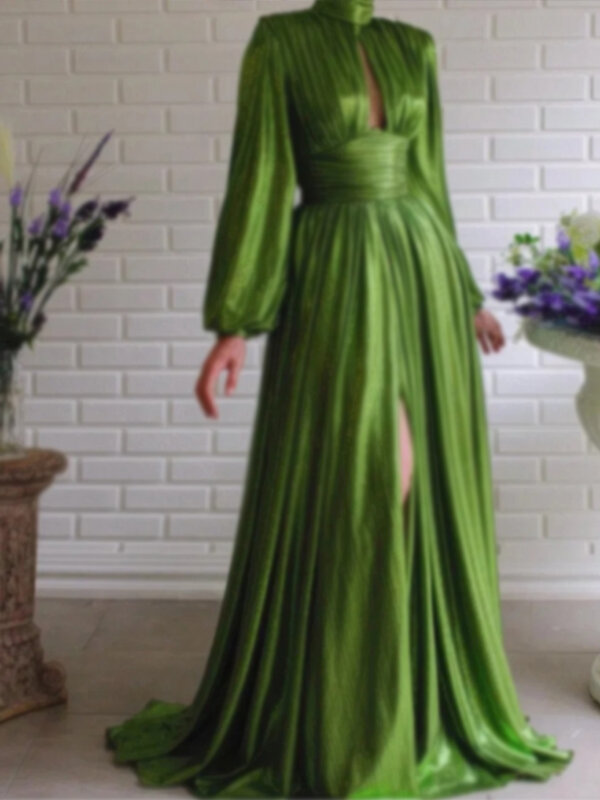 Элегантные Выпускные платья для женщин, а-силуэт, однотонное модное платье с высокой талией и высоким воротом, с длинным рукавом, Vestidos, вечернее женское Платье Макси