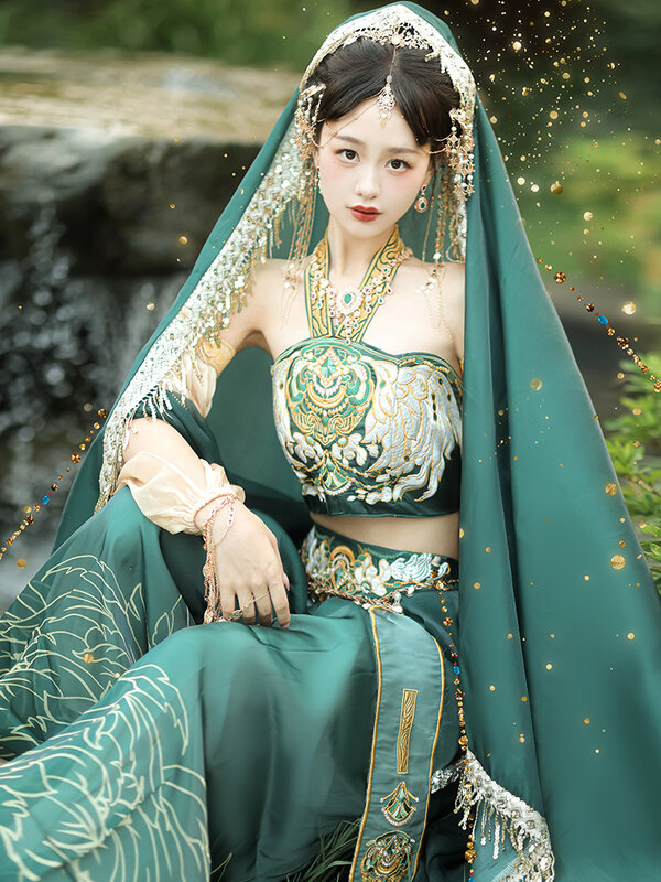 Guo Huang 플라잉 프린세스 걸, 이국적인 스타일, 한푸 댄스 코스튬, 자수 녹색 6 개 세트, 고대 중국 코스튬