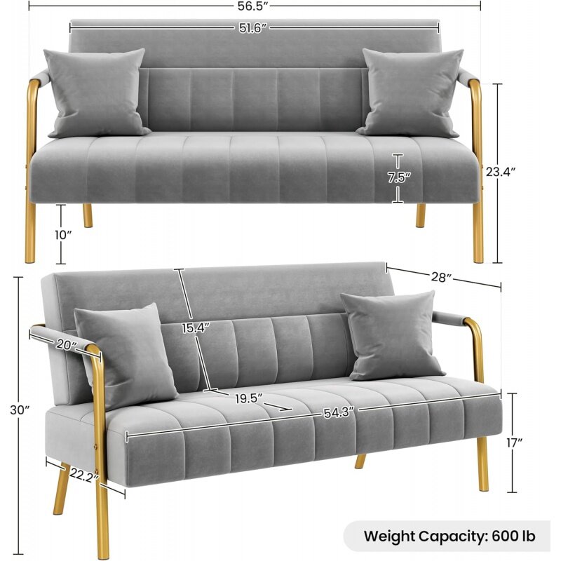 Yaheetech 56.6?W Modern Loveseat 2 Seater Sofa Luxurious Velvet Fabric Couch with Gold-Tone Metal Arms and Legs for Bedroom, Hom