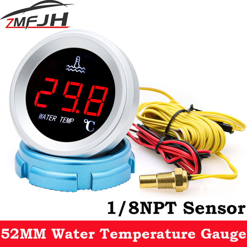 Ad 52Mm Watertemperatuurmeter Met Waarschuwingsalarm 0-120 ℃ Watertemp Meter + 1/8npt Sensorspanning Voor Scheepsboot Auto Vrachtwagen