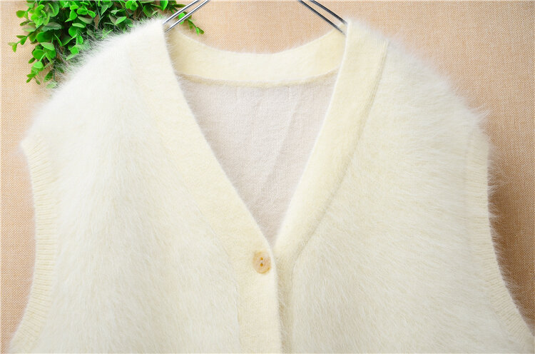 여성용 베이지 털 플러시 밍크 캐시미어 니트 민소매 두꺼운 따뜻한 V넥 재킷, 조끼 스웨터 코트, 가을 겨울 의류