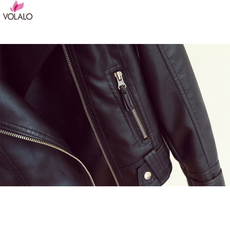 VOLALO 여성용 모토 바이커 가죽 재킷, 클래식 모조 가죽 코트, 턴다운 칼라, 블랙, 가을