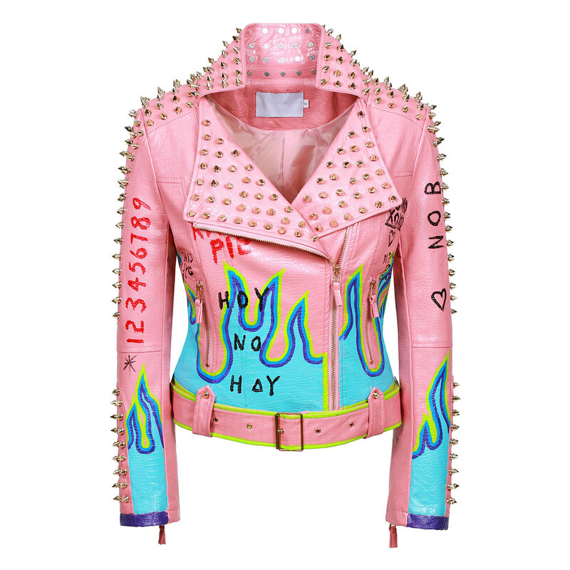 Модная женская куртка из искусственной кожи с ручной росписью, с заклепками и цветочным отворотом, приталенное мотоциклетное пальто в стиле стимпанк для езды на велосипеде