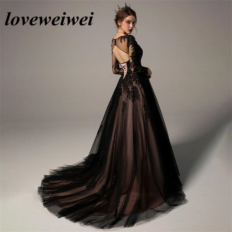 Gothic Black Prom Dresses Sexy Backless A-line Evening Dress Lace V Neck Formal Party Gowns Long Sleeves Tulle Robe De Soirée