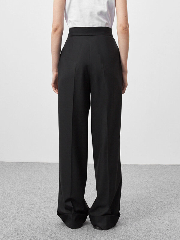 Mnealways18-Spring e calças femininas pretas de escritório de verão, calças de cintura alta com bolsos, pernas largas plissadas femininas, calças sólidas, 2021