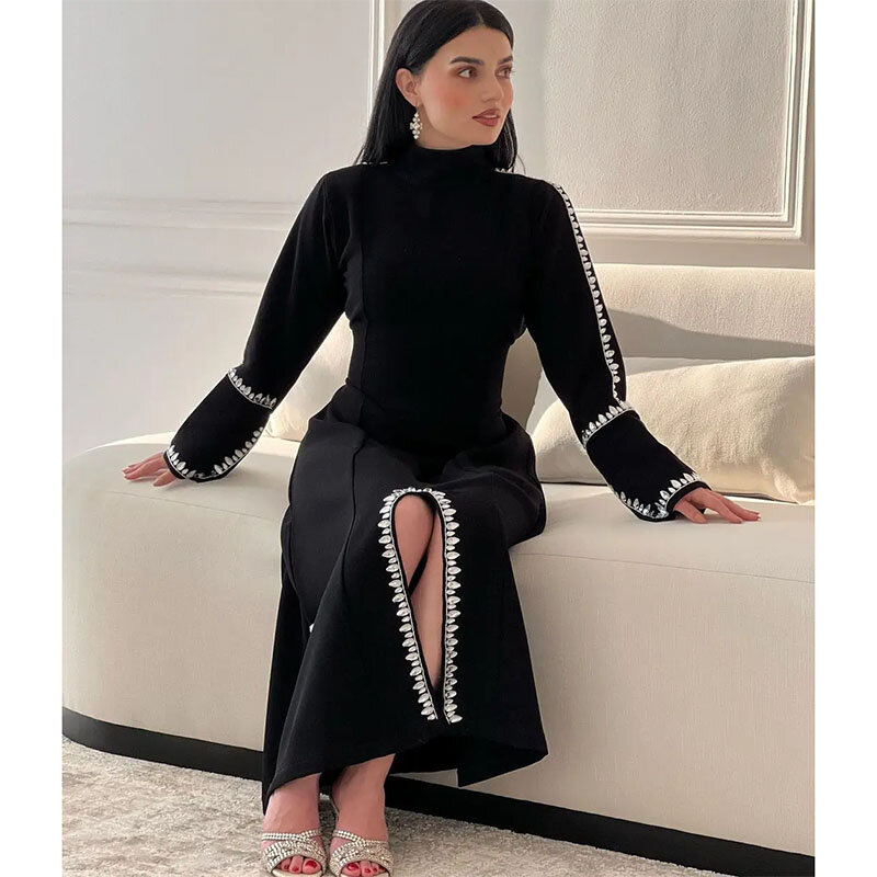 Arab Saudi 2024 elegan wanita memakai gaun malam Tinggi leher lengan panjang kristal depan celah hitam Prom gaun Formal