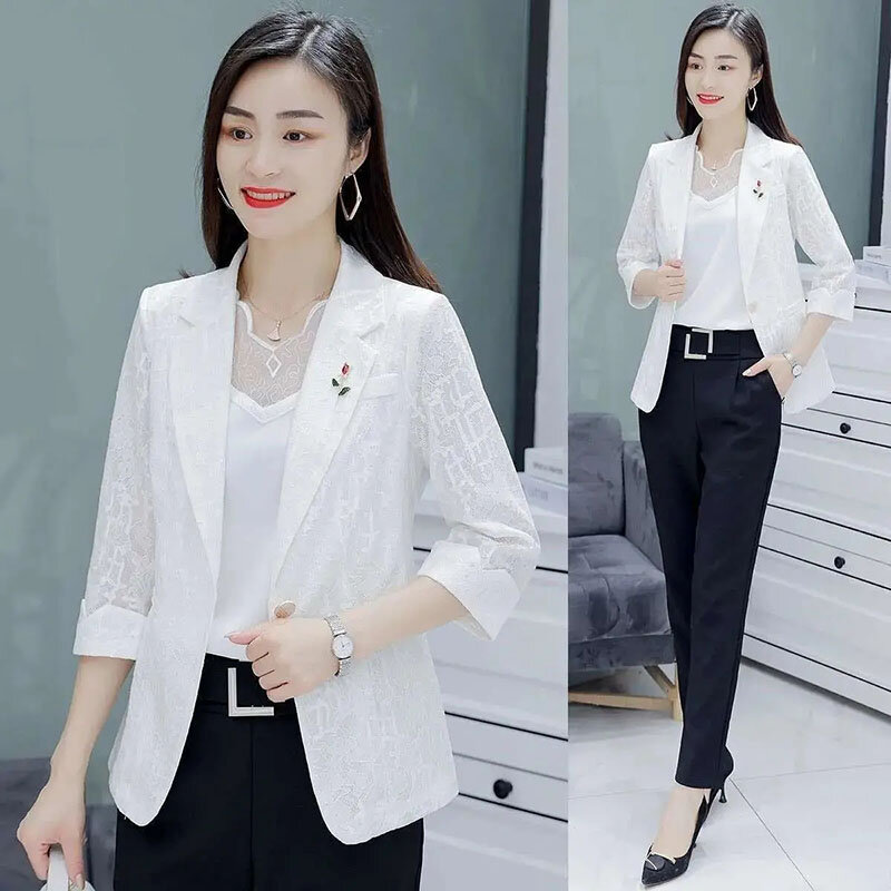 Spliced Lace Small Suit  Thin Section 2022 Spring And Summer Fashion Korean Version Slim Casual Temperament Suit Women5XL