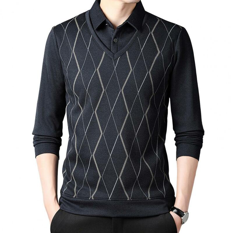 Camisola de malha com estampa de losango masculina, pulôver quente, formal para homens de meia idade, suéter de 2 peças