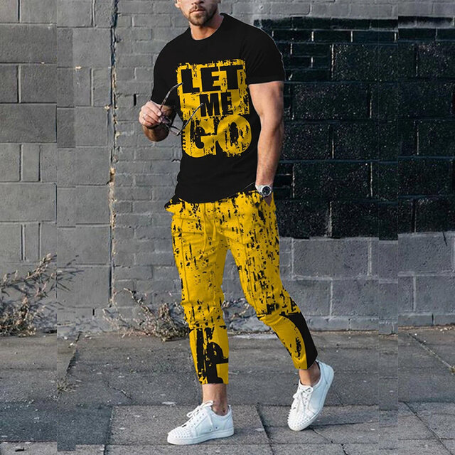 Calças masculinas treino 2 peça conjunto 3d impresso verão jogger roupas esportivas de manga curta t camisa + calças compridas roupas de rua casuais