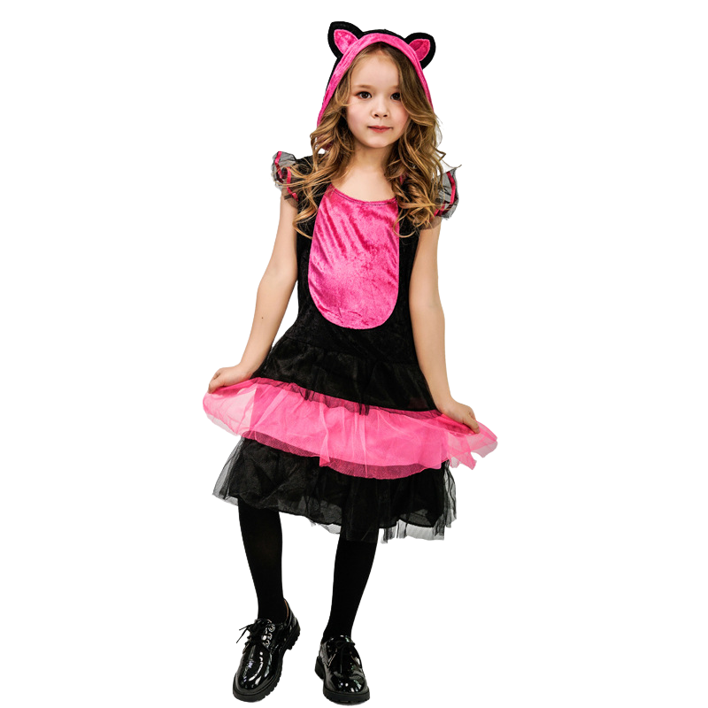 Gato rosa infantil princesa vestido, fantasia cosplay halloween, doce performance de palco, roupas do festival da festa, moda fofa
