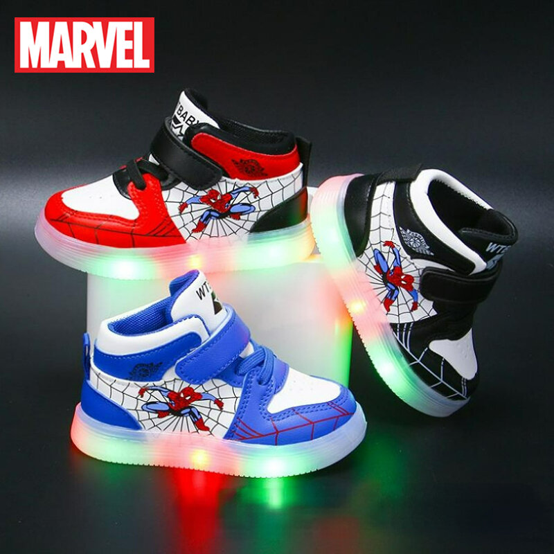 Spiderman LED Light Disney Crianças Sapatos Meninos e Meninas Luz Crianças Luz Crianças Calçados Esportivos Mesh Sports Shoes