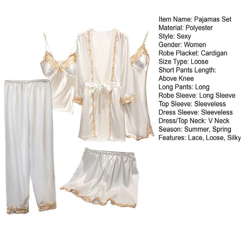 5 Pcs/Set Women Pajamas Set Nightgown Nightdress Top Shorts Pants Set Silky Satin Lace Patchwork Loose Homewear Sleepwear Set