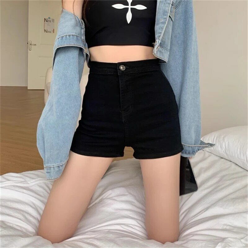 Shorts magros pretos de cintura alta feminino, estilo de rua vintage, mini jeans para menina jovem, calça sexy feminina, verão, novo
