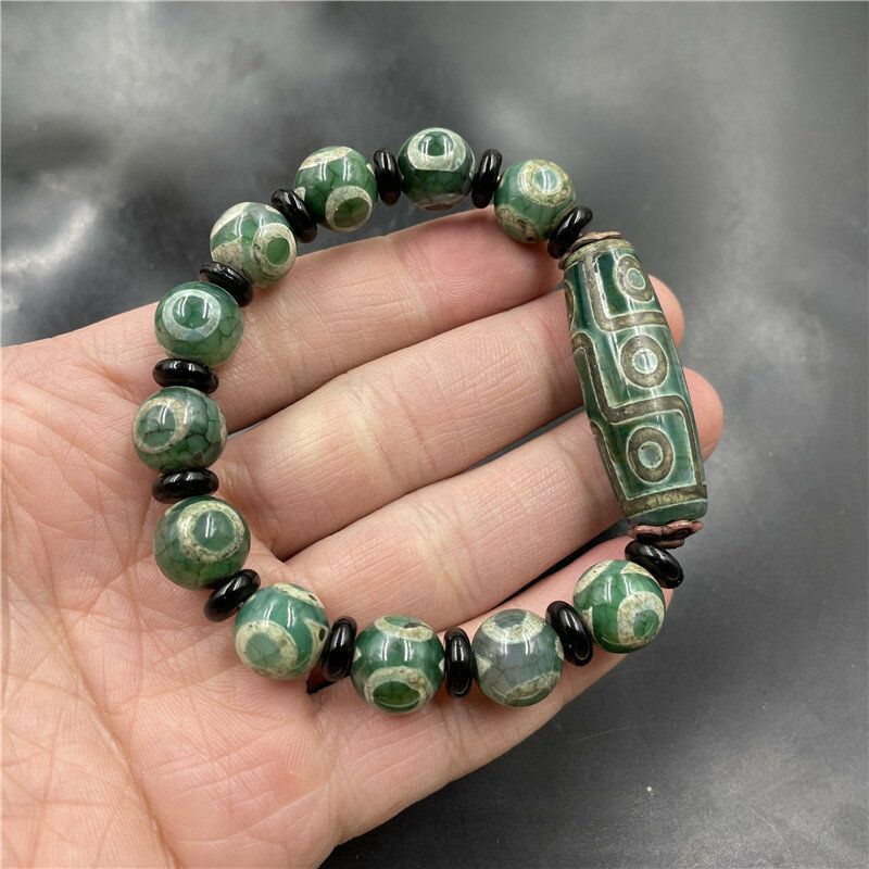 Dzi pulsera de cuentas de ágata antigua tibetana verde
